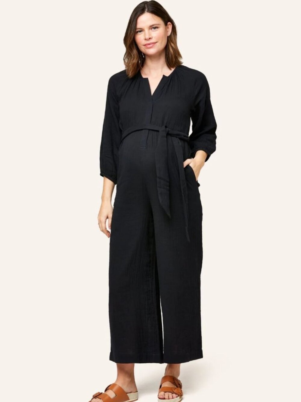 NOM Maternity Alma Jumpsuit Black Medium Cotton Gauze Nursing Snap Placket Boho